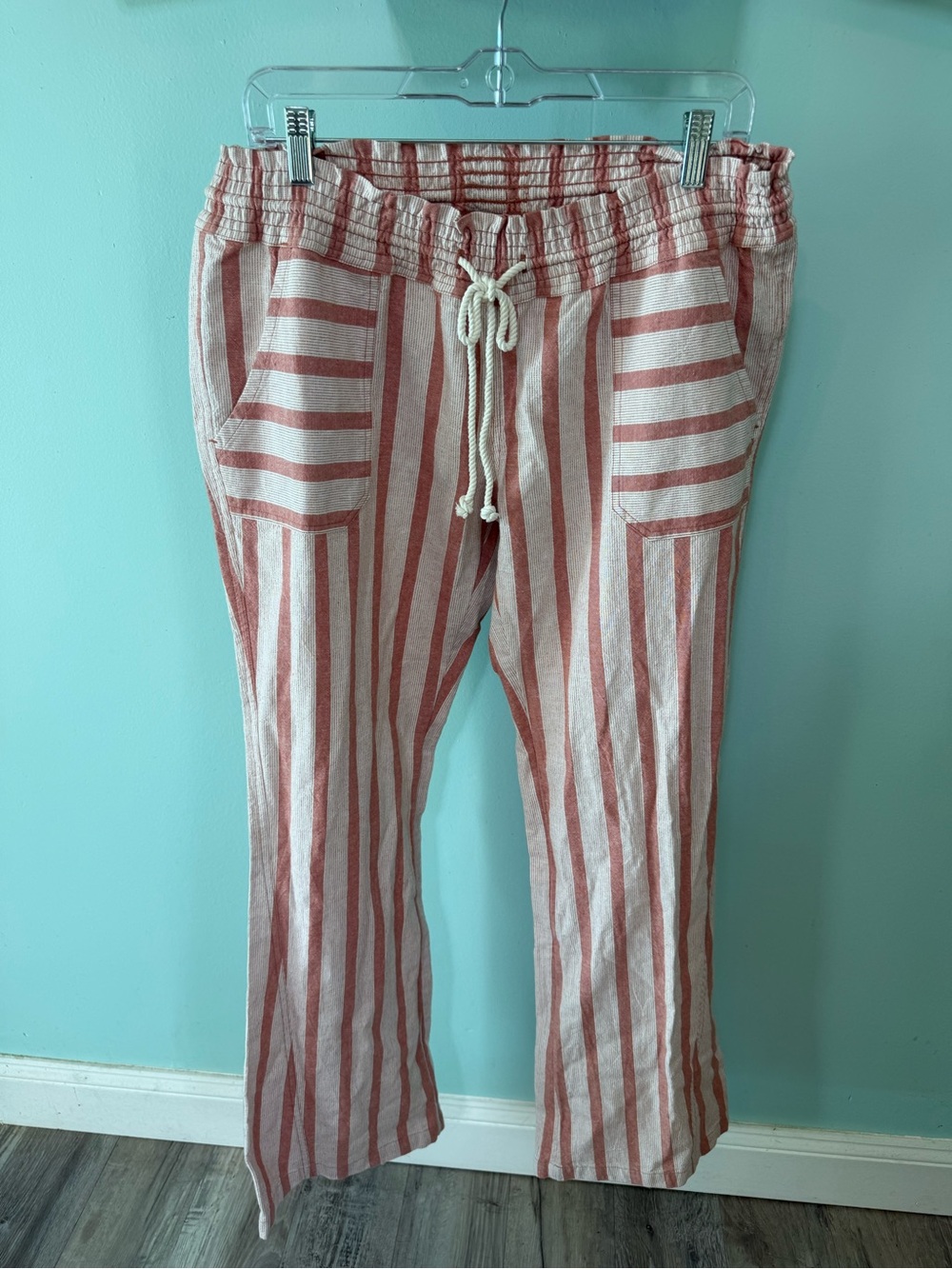 Roxy Striped Drawstring Linen Pants — Coral & White